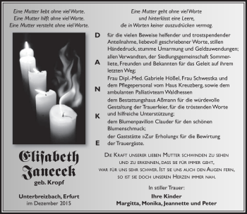 Traueranzeige von Elisabeth Janecek von Südthüringer Presse