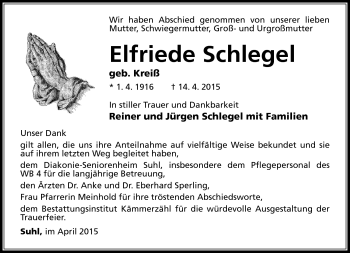 Traueranzeige von Elfriede Schlegel von Südthüringer Presse