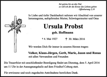 Traueranzeige von Ursula Probst von Neue Presse Coburg