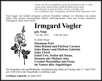 Traueranzeige von Irmgard Vogler von Südthüringer Presse