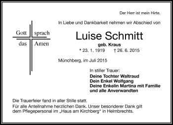 Traueranzeige von Luise Schmitt von Frankenpost