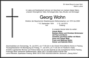 Traueranzeige von Georg Wohn von Frankenpost