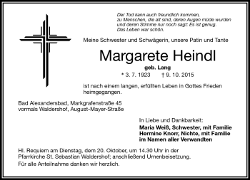 Traueranzeige von Margarete Heindl von Frankenpost