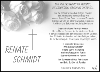 Traueranzeige von Renate Schmidt von Südthüringer Presse