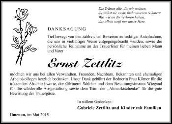 Traueranzeige von Ernst Zettlitz von Südthüringer Presse