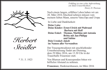 Traueranzeige von Herbert Steidler von Südthüringer Presse