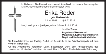 Traueranzeige von Erika Roder von Frankenpost
