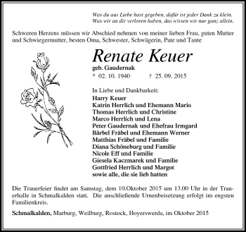 Traueranzeige von Renate Keuer von Südthüringer Presse