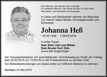 Traueranzeige von Johanna Heß von Südthüringer Presse