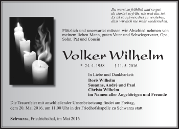 Traueranzeige von Volker Wilhelm von Südthüringer Presse