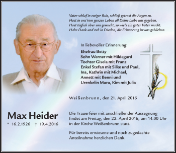 Traueranzeige von Max Heider von Neue Presse Coburg
