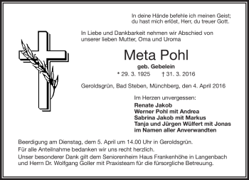 Traueranzeige von Meta Pohl von Frankenpost