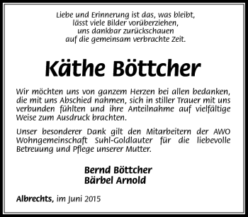 Traueranzeige von Käthe Böttcher von Südthüringer Presse