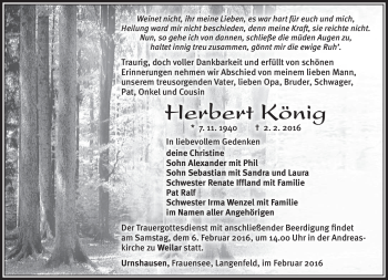 Traueranzeige von Herbert König von Südthüringer Presse