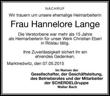 Traueranzeige von Hannelore Lange von Frankenpost