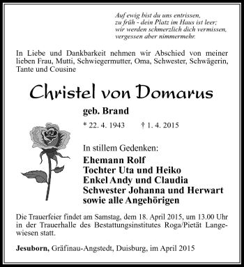Traueranzeige von Christel von Domarus von Südthüringer Presse