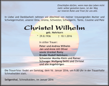 Traueranzeige von Christel Wilhelm von Südthüringer Presse