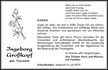 Traueranzeige von Ingeborg Großkopf von Südthüringer Presse
