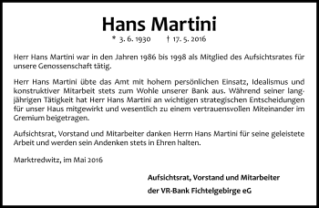 Traueranzeige von Hans Martini von Frankenpost