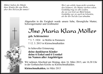 Traueranzeige von Ilse Maria Klara Möller von Südthüringer Presse
