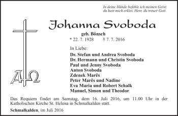 Traueranzeige von Johanna Svoboda von Südthüringer Presse