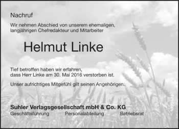 Traueranzeige von Helmut Linke von Südthüringer Presse