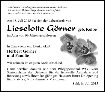 Traueranzeige von Lieselotte Görner von Südthüringer Presse