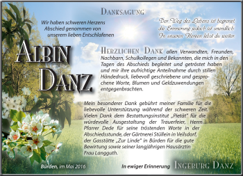 Traueranzeige von Albin Danz von Südthüringer Presse
