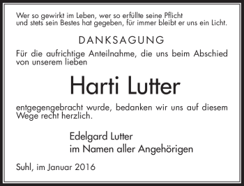 Traueranzeige von Harti Lutter von Südthüringer Presse