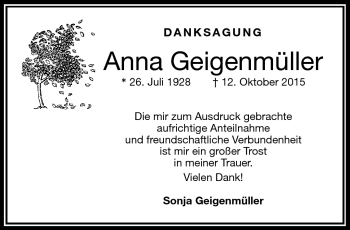 Traueranzeige von Anna Geigenmüller von Frankenpost