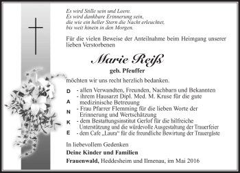 Traueranzeige von Marie Reiß von Südthüringer Presse