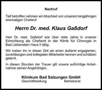 Traueranzeige von Klaus Gaßdorf von Südthüringer Presse