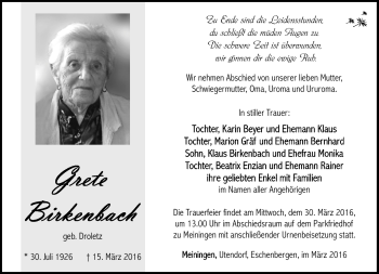 Traueranzeige von Grete Birkenbach von Südthüringer Presse