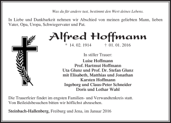 Traueranzeige von Alfred Hoffmann von Südthüringer Presse