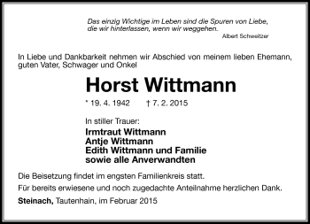 Traueranzeige von Horst Wittmann von Südthüringer Presse