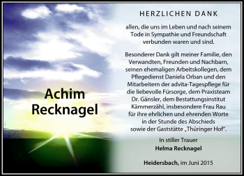 Traueranzeige von Achim Recknagel von Südthüringer Presse