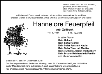 Traueranzeige von Hannelore Feuerpfeil von Neue Presse Coburg