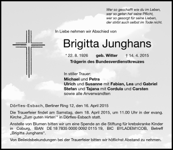 Traueranzeige von Brigitta Junghans von Neue Presse Coburg