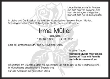 Traueranzeige von Irma Müller von Frankenpost