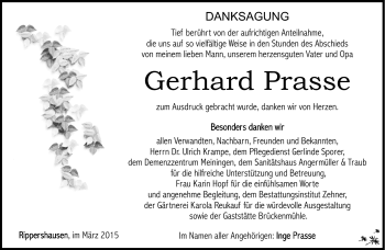 Traueranzeige von Gerhard Prasse von Südthüringer Presse