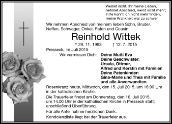 Traueranzeige von Reinhold Wittek von Frankenpost
