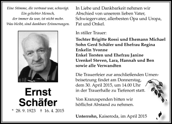 Traueranzeige von Ernst Schäfer von Südthüringer Presse