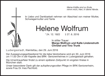 Traueranzeige von Helene Wolfrum von Neue Presse Coburg