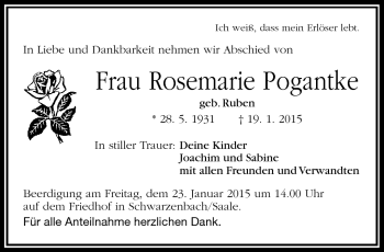 Traueranzeige von Rosemarie Pogantke von Frankenpost