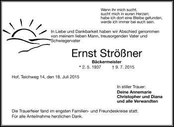 Traueranzeige von Ernst Strößner von Frankenpost