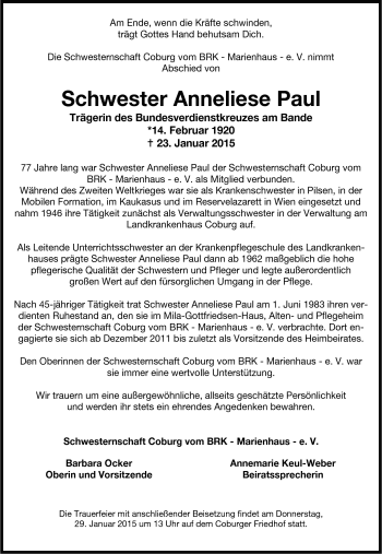 Traueranzeige von Anneliese Paul von Neue Presse Coburg