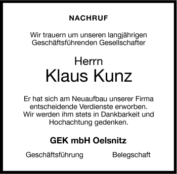 Traueranzeige von Klaus Kunz von Frankenpost