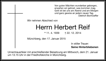 Traueranzeige von Herbert Reif von Frankenpost
