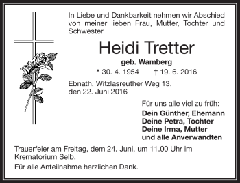 Traueranzeige von Heidi Tretter von Frankenpost
