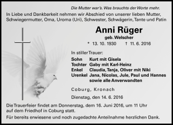 Traueranzeige von Anni Rüger von Neue Presse Coburg